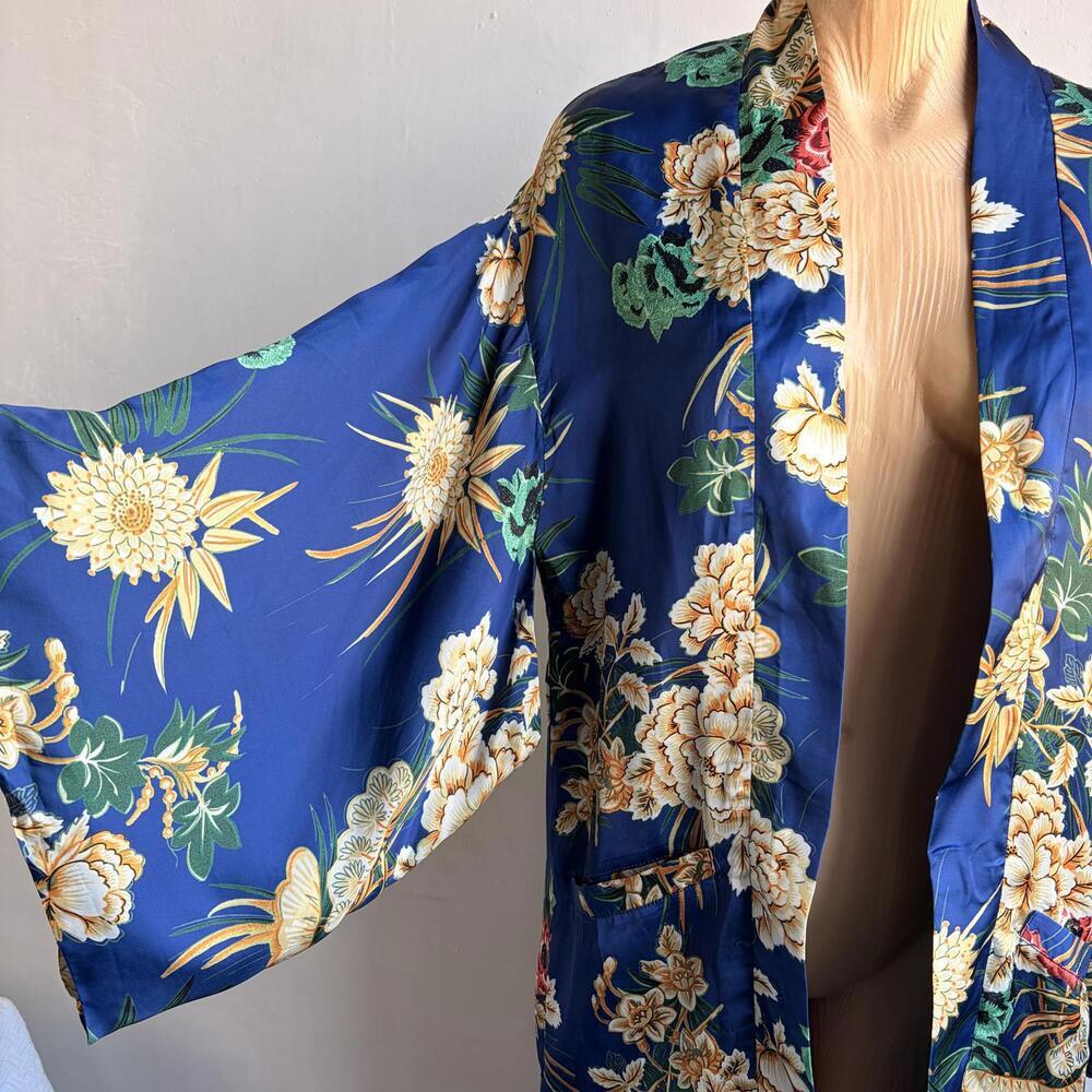 L’atiste by Amy Women’s Blue Floral Kimono Robe Jacket Boho Size M Asian Inspire